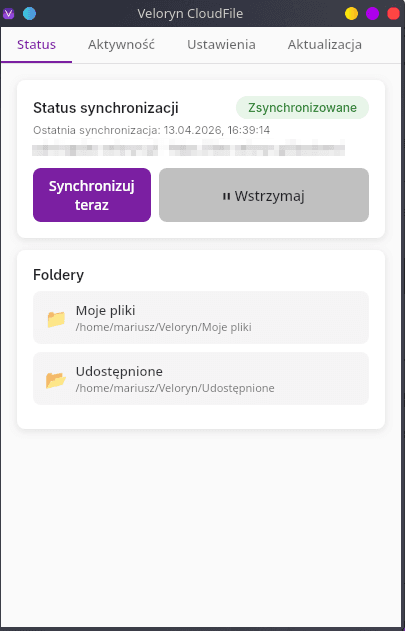 Aplikacja desktopowa Sentrix CloudFile — status synchronizacji i foldery Moje pliki / Udostępnione