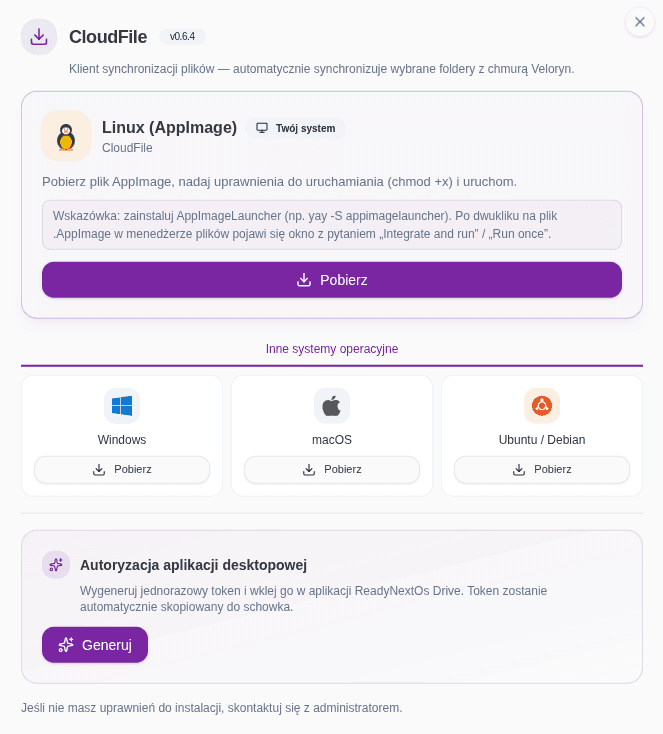 Strona pobierania aplikacji Sentrix CloudFile — Linux, Windows, macOS