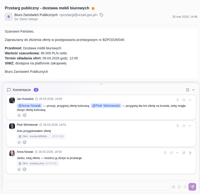 Współpraca przy wiadomości — komentarze, @wzmianki i dyskusja w kontekście maila