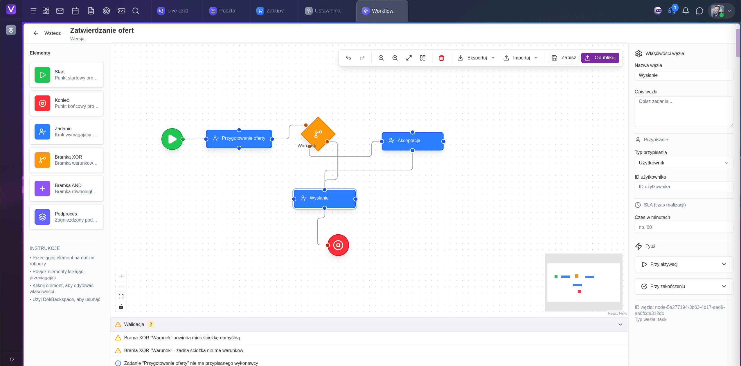 Edytor procesów BPMN — graficzne projektowanie procedury: zadania, bramki decyzyjne i walidacja przebiegu