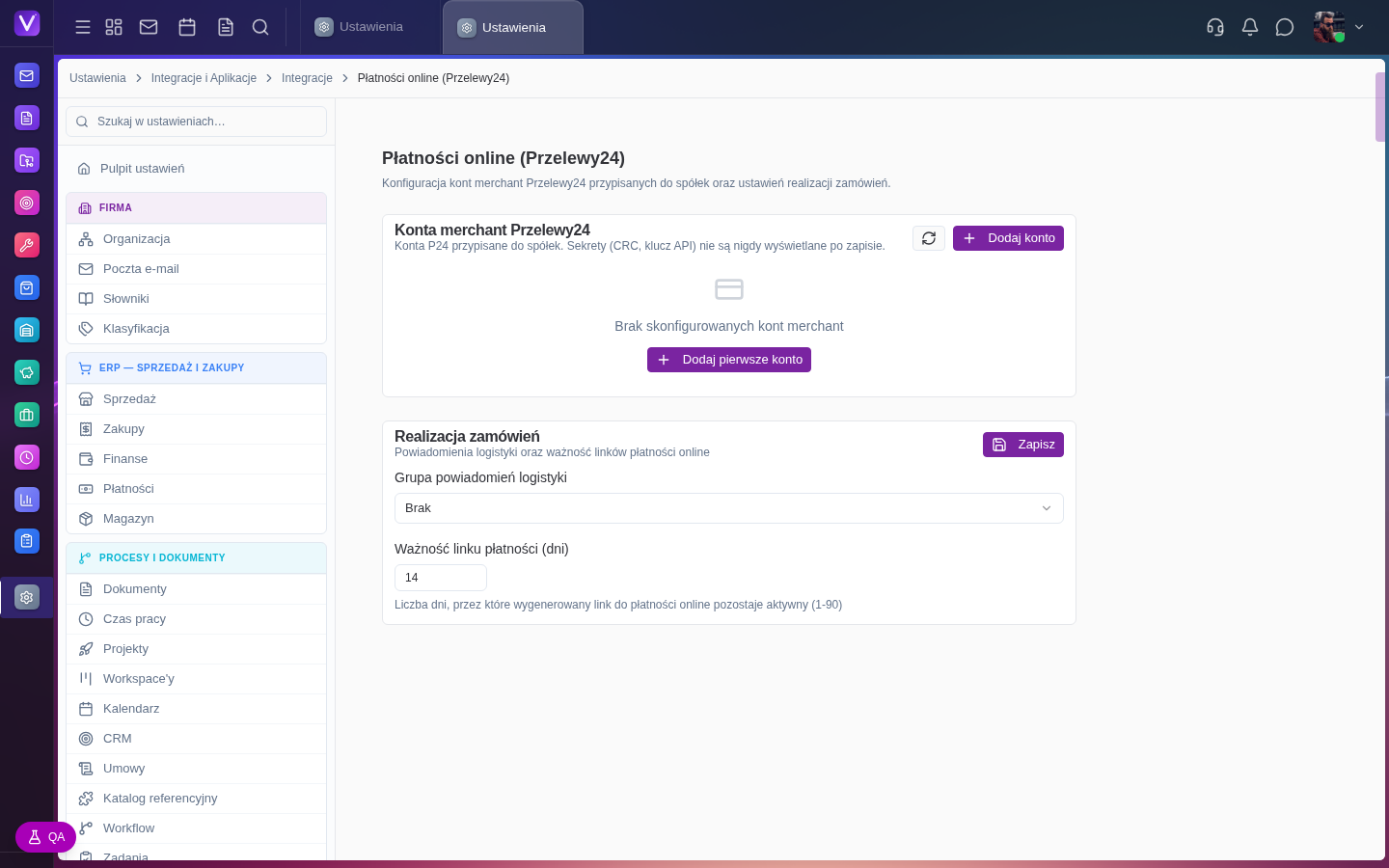 Sekcja Płatności online (Przelewy24) w grupie Integracje