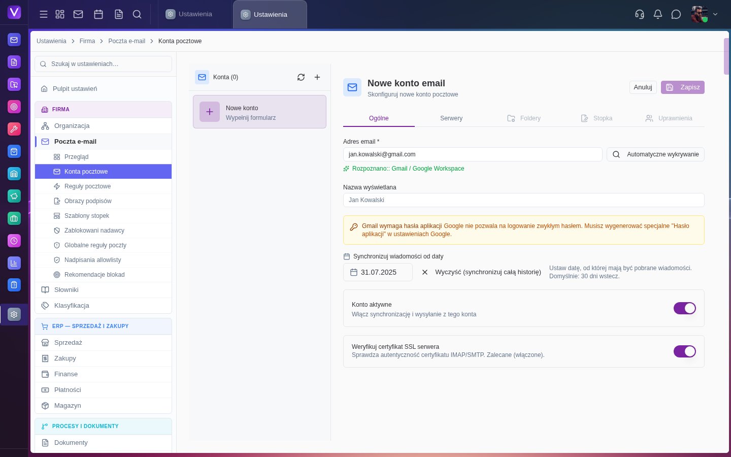 Nowe konto email — rozpoznany Gmail i podpowiedź o haśle aplikacji
