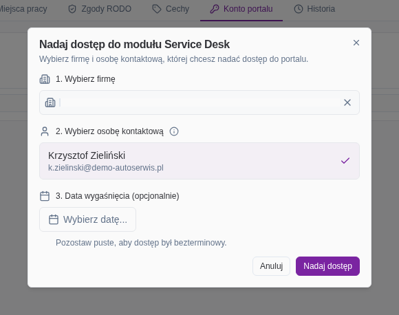 Okno Nadaj dostęp do modułu Service Desk z wyborem firmy, osoby kontaktowej i datą wygaśnięcia