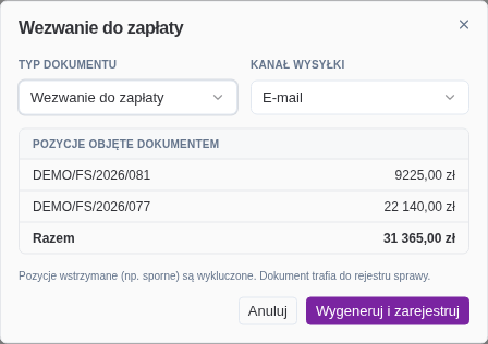 Dialog Wezwanie do zapłaty — typ dokumentu, kanał wysyłki i lista pozycji objętych z sumą